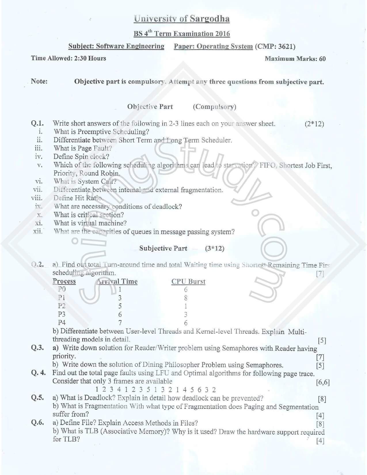 University of Sargodha BS 4th Term Operating System 2016 Exam Paper - Software Engineering Subject with Objective and Subjective Questions