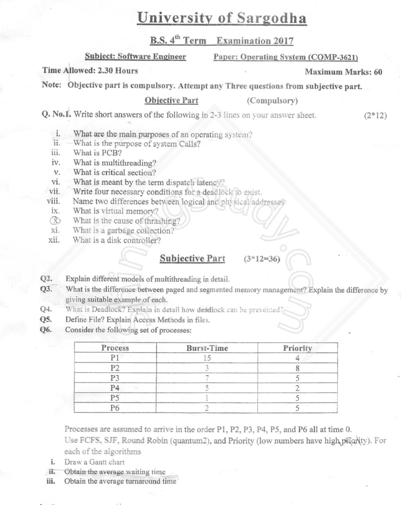 University of Sargodha B.S. 4th Term 2017 Operating System exam paper with objective and subjective questions on process scheduling and multithreading