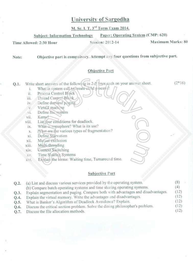 University of Sargodha Operating System Exam Paper 2014 M.Sc IT Term 3