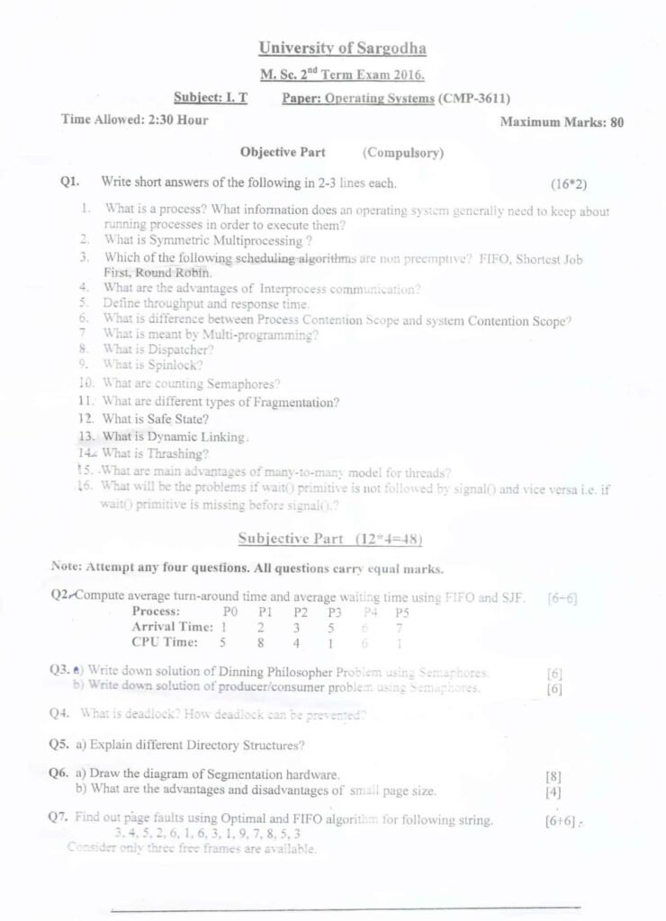 Operating Systems M.Sc 2nd Term Exam 2016 Question Paper from University of Sargodha