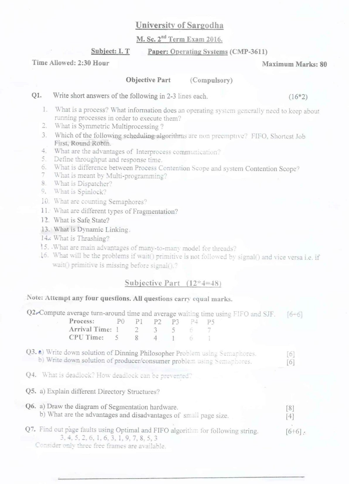 Operating Systems M.Sc 2nd Term Exam 2016 Question Paper from University of Sargodha