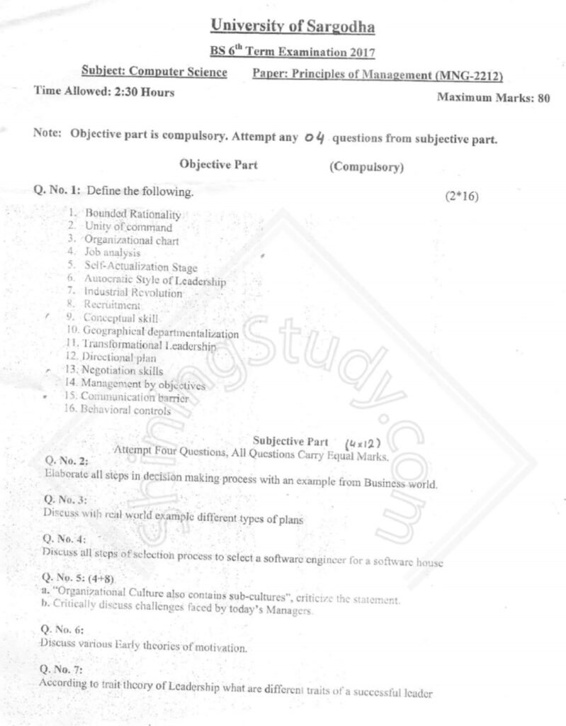 University of Sargodha BS 6th Term Principles of Management Exam Paper 2017 MNG-2212 with objective and subjective questions for Computer Science students