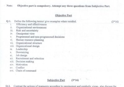 University of Sargodha BS 2nd Term 2014 Principles of Management exam paper in Information Technology with objective and subjective questions on management concepts and theories.