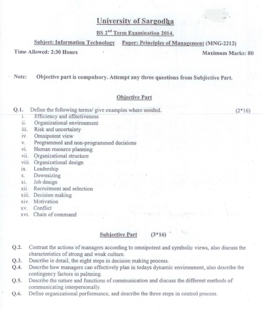 University of Sargodha BS 2nd Term 2014 Principles of Management exam paper in Information Technology with objective and subjective questions on management concepts and theories.