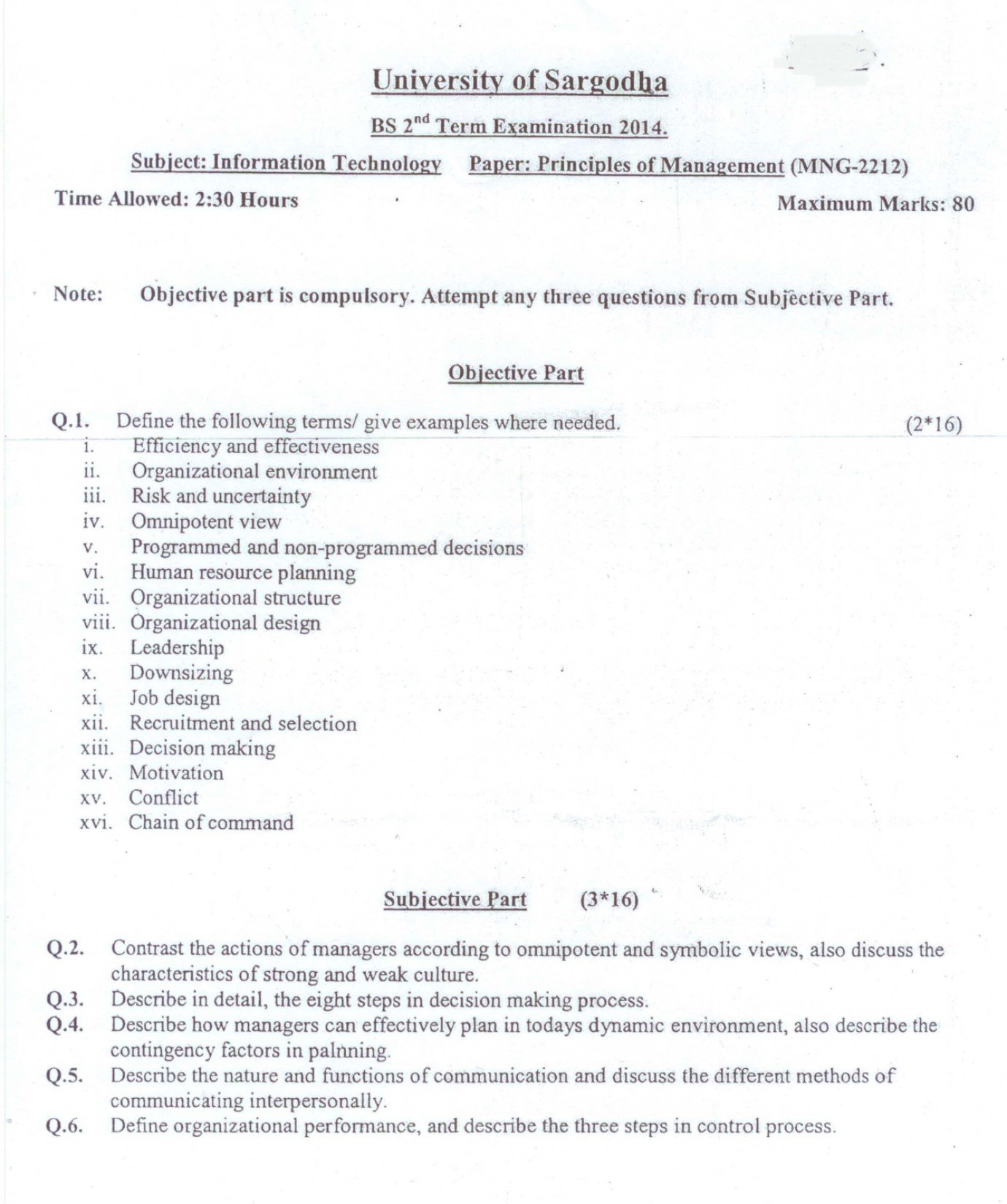 Principle of Management BSIT 2nd Term Past Paper 2014 UOS 1 University of Sargodha BS 2nd Term 2014 Principles of Management exam paper in Information Technology with objective and subjective questions on management concepts and theories.
