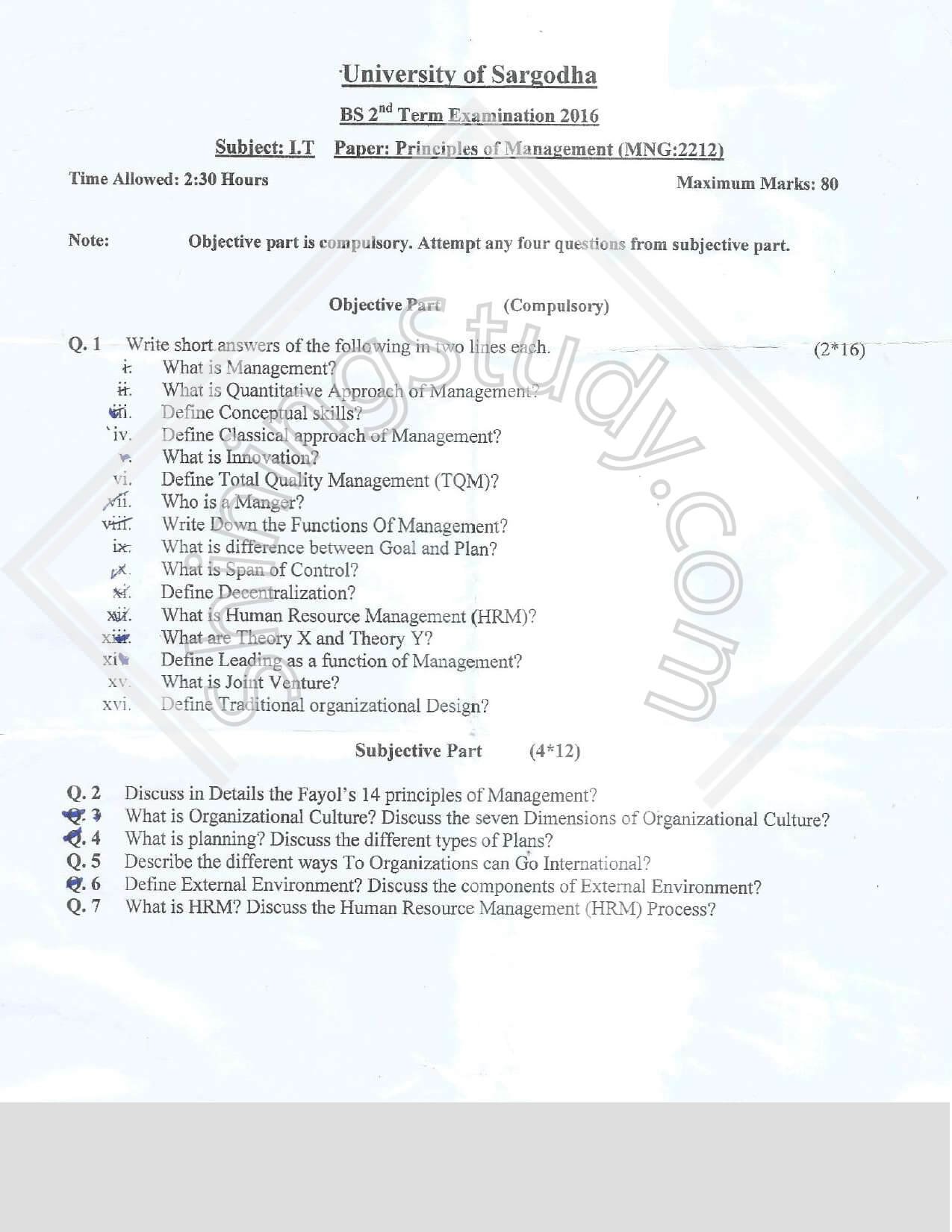 Principle of Management BSIT 2nd Term Past Paper 2016 UOS 1 University of Sargodha Principles of Management BS 2nd Term Examination 2016 question paper image