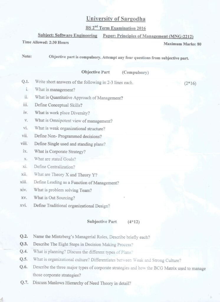 Principles of Management exam paper 2016, University of Sargodha management paper, BS Software Engineering exam questions, management theories questions, decision making process, corporate strategy BCG Matrix, Maslow Hierarchy of Needs