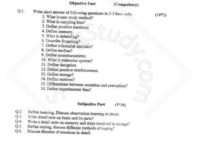 University of Sargodha BS 5th Term Examination 2017 Psychology Paper with Objective and Subjective Questions on Principles of Psychology for Computer Science students