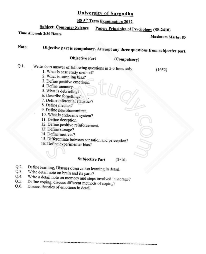 University of Sargodha BS 5th Term Examination 2017 Psychology Paper with Objective and Subjective Questions on Principles of Psychology for Computer Science students