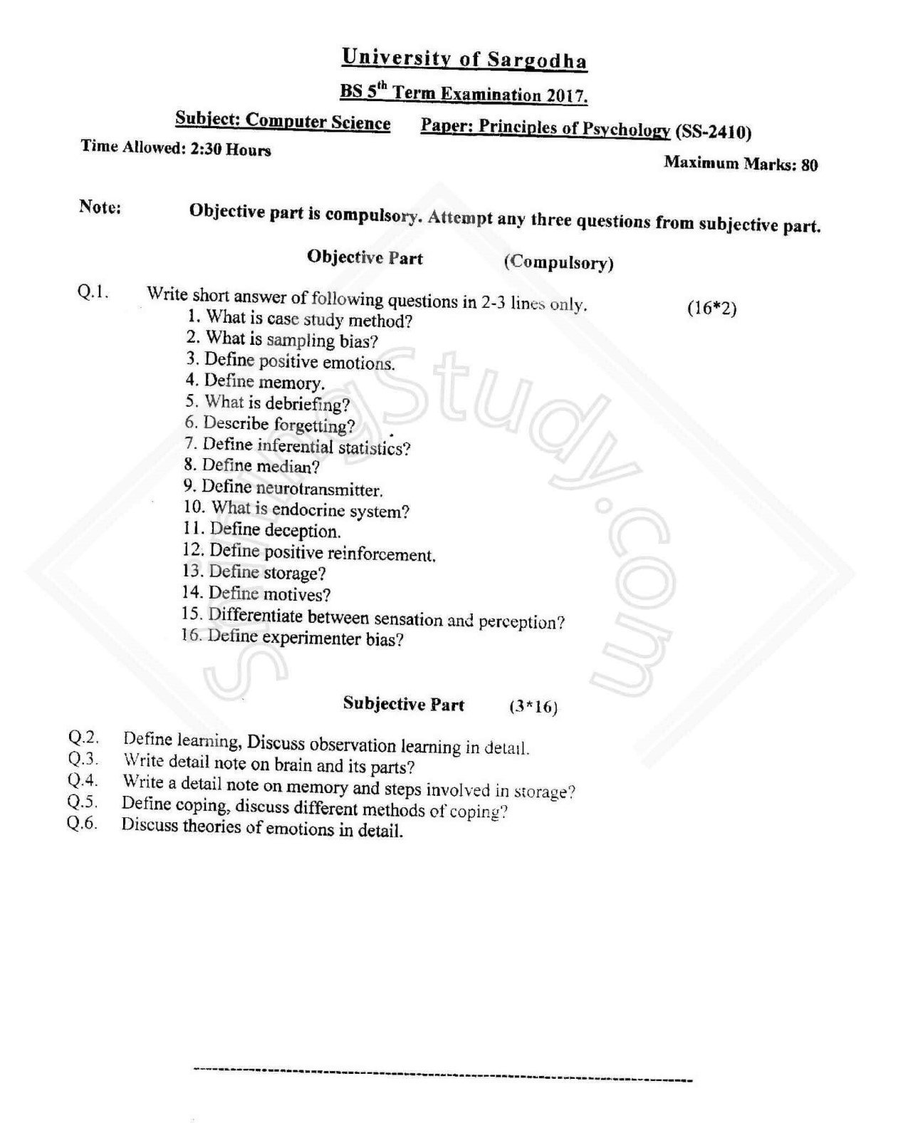 University of Sargodha BS 5th Term Examination 2017 Psychology Paper with Objective and Subjective Questions on Principles of Psychology for Computer Science students