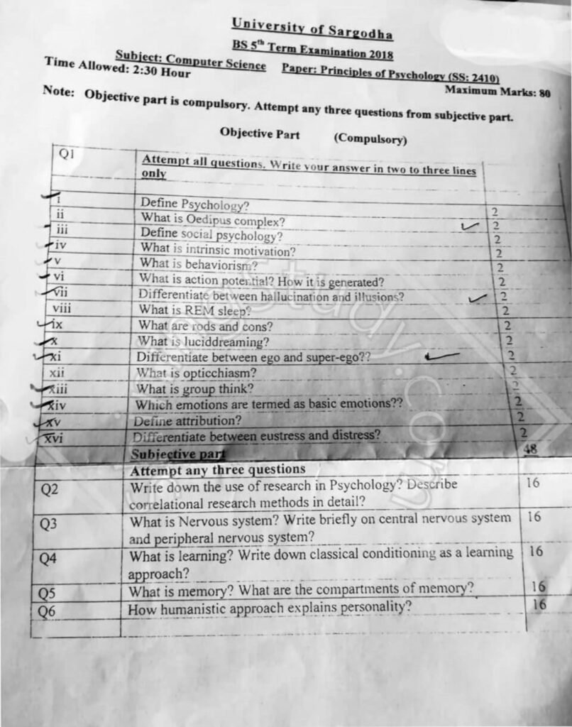 Principle of psychology BSCS Term 5th 2018 UOS