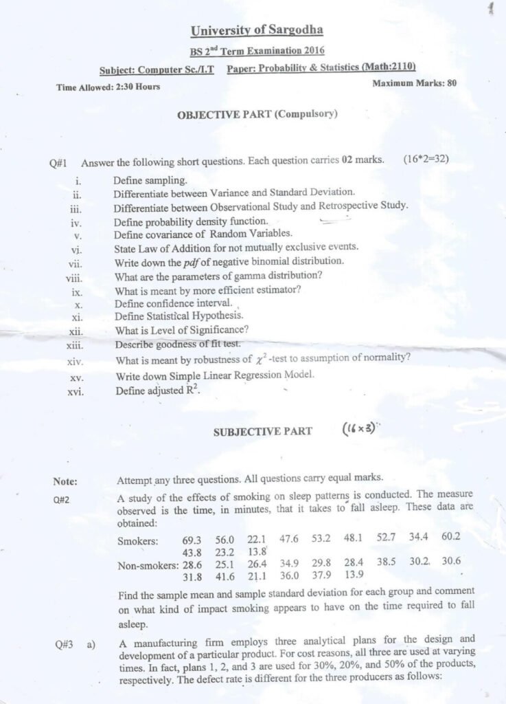 Probability & Statistics BSCS & IT 2nd Term 2016 Past Paper UOS 1