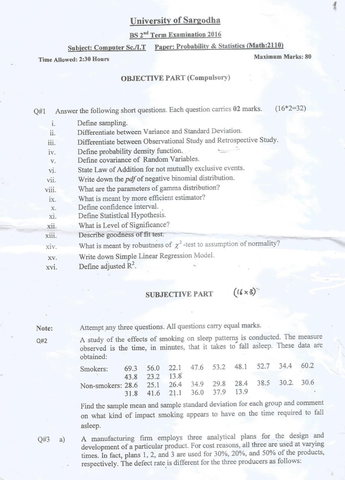 Probability & Statistics BSCS & IT 2nd Term 2016 Past Paper UOS-1 1 Probability & Statistics BSCS & IT 2nd Term 2016 Past Paper UOS 1