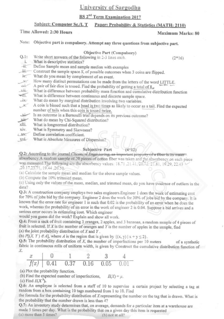 Probability & Statistics BSCS & IT 2nd Term 2017 Past Paper UOS
