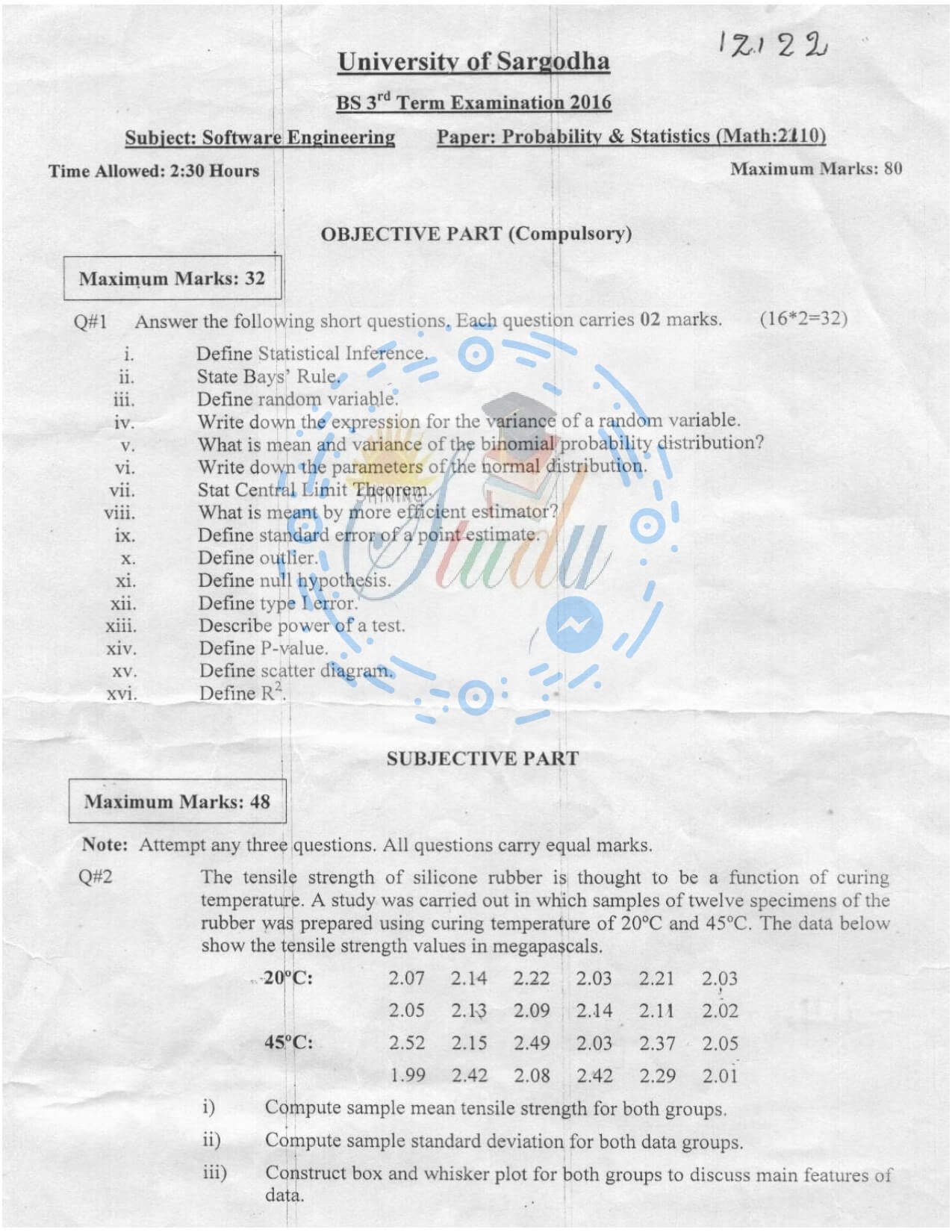 Probability & Statistics BSSE 3rd Term 2016 Past Paper UOS