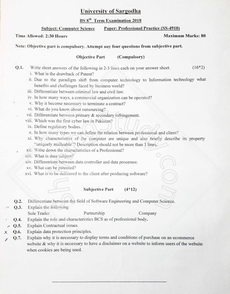 University of Sargodha BS 8th Term Examination 2018 Computer Science Professional Practice (SS-4910) question paper showing objective and subjective questions related to computer law and professional ethics