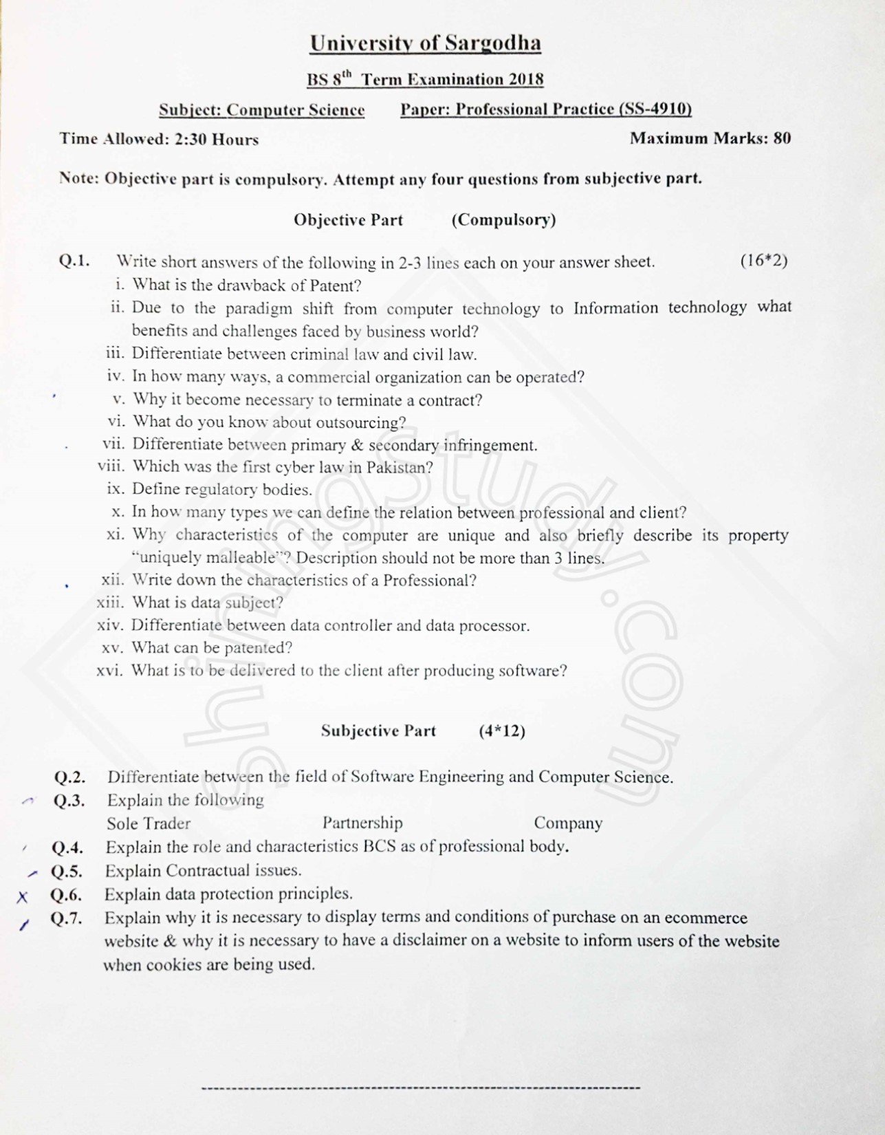 University of Sargodha BS 8th Term Examination 2018 Computer Science Professional Practice (SS-4910) question paper showing objective and subjective questions related to computer law and professional ethics