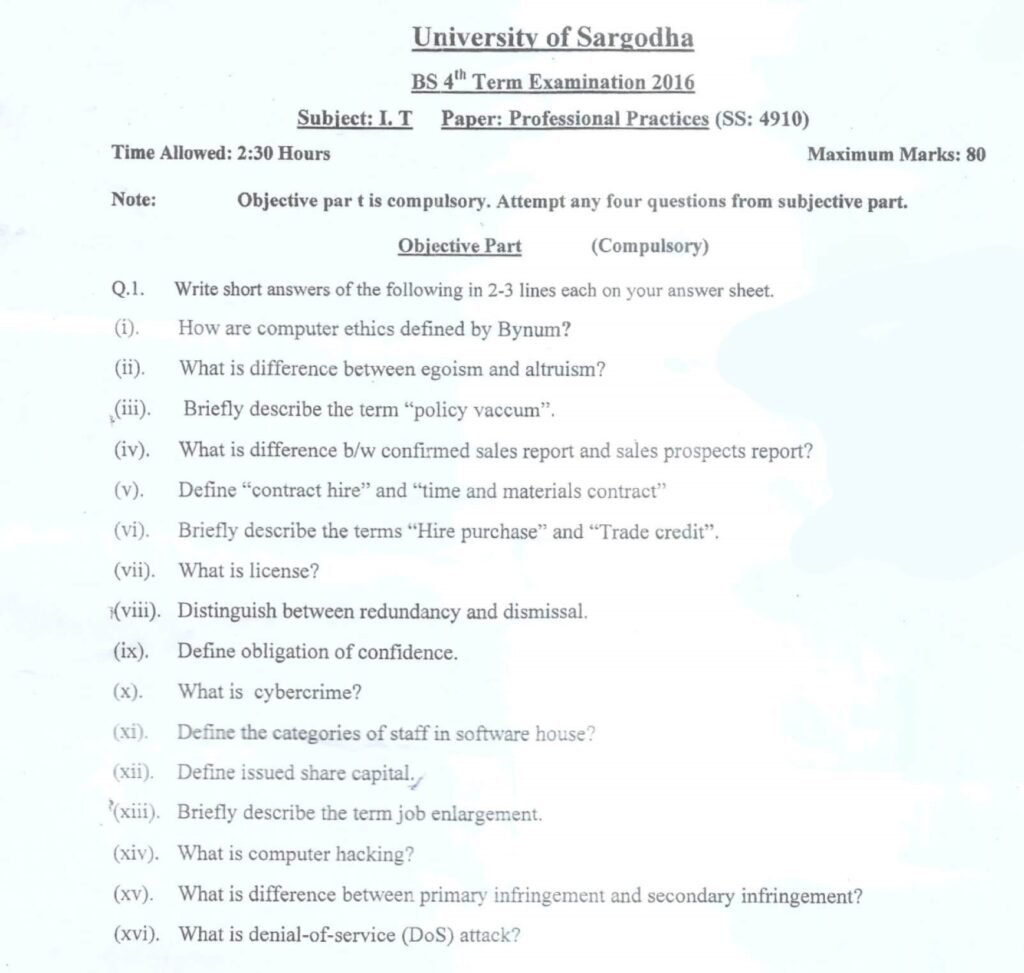 Professional Practices BSIT 4th Term Past Paper 2016 UOS 1