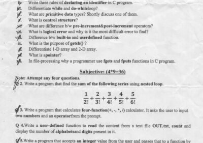 Welcome to Shining Study 27 University of Sargodha BS 1st Term Examination 2015 Programming Fundamentals CMP-2122 question paper for Computer Science students. Includes objective and subjective questions such as C programming fundamentals: preprocessor directives, identifiers, control structures, loops, data types, arrays, pointers, file handling functions fgets and fputs, user-defined functions, structure declaration, and programming problems on calculators, series summation, file processing, arrays, and structures.