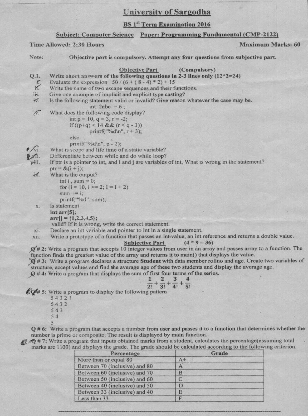 A clear scanned exam paper from University of Sargodha dated 2016 for BS 1st Term Computer Science students.
