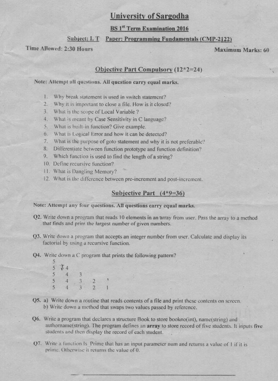 University of Sargodha BS 1st Term Examination 2016 Programming Fundamentals paper with objective and subjective questions.