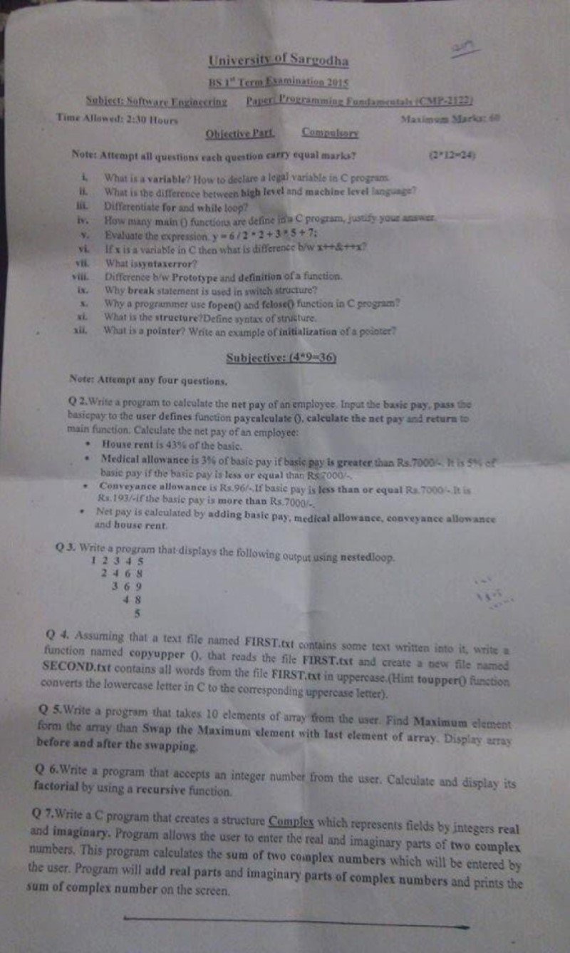 University of Sargodha BS 1st Term Examination 2015 Software Engineering Programming Fundamentals question paper