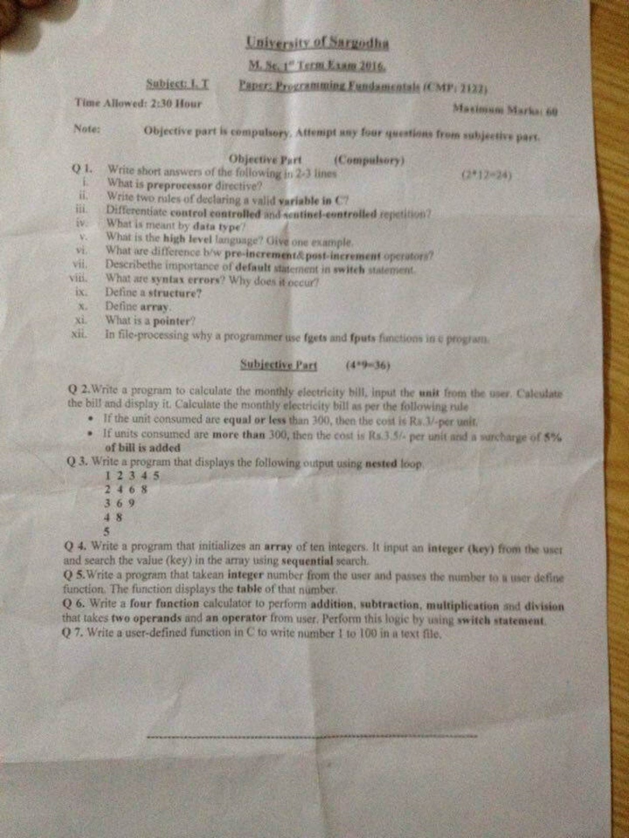 Programming Fundamentals MSc IT 1st Term 2016 Past Paper UOS
