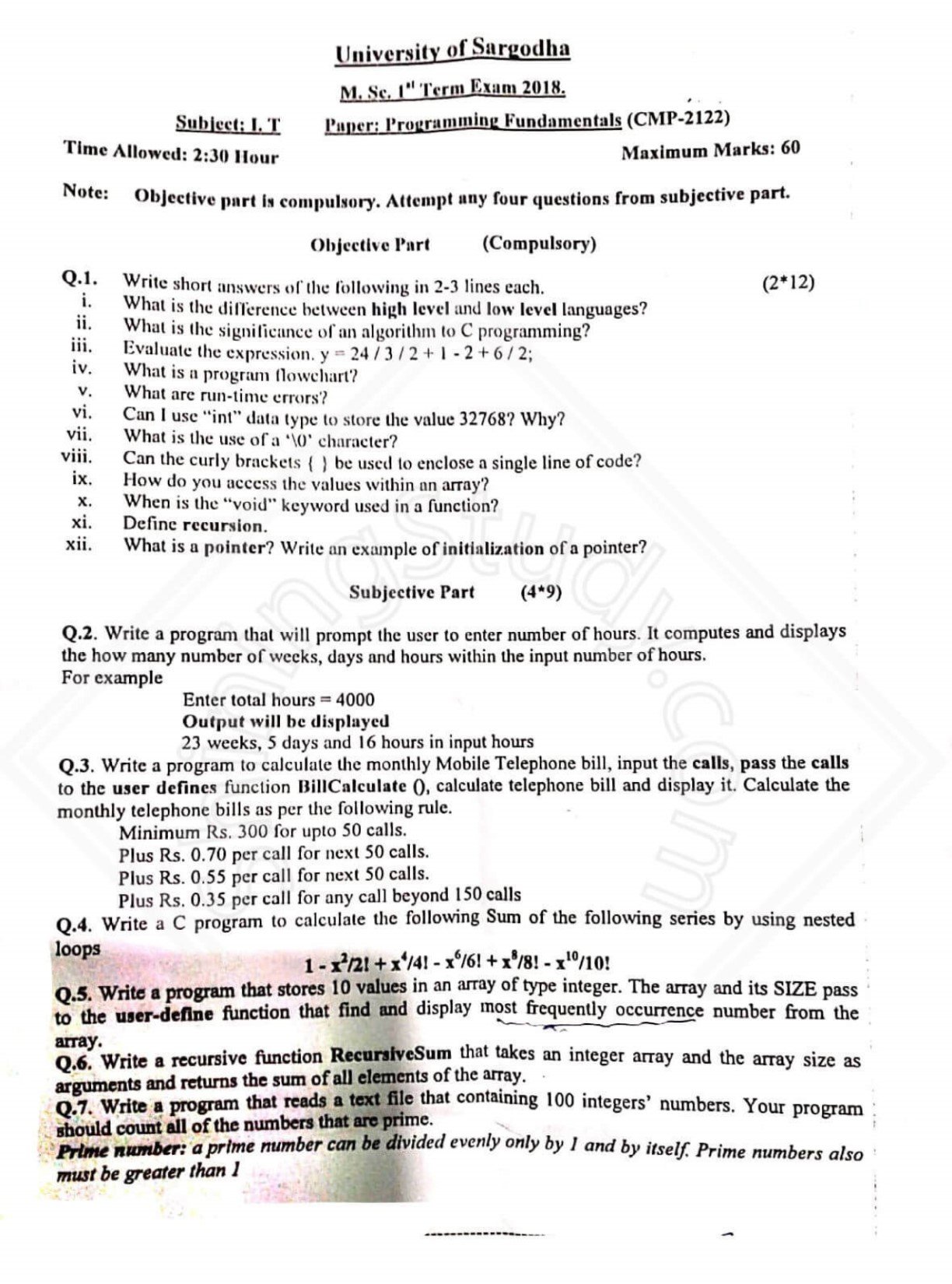 Programming Fundamentals MSc IT 1st Term 2018 Past Paper UOS