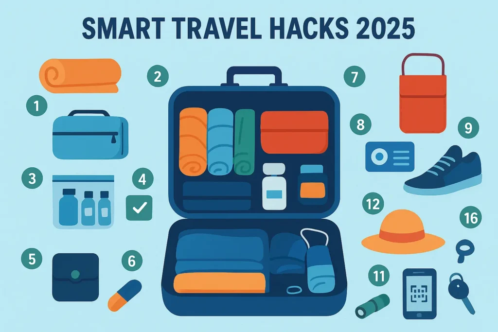 Smart travel hacks 2025 infographic – luggage and packing tips (1)