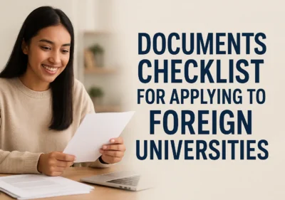 Smiling student reviewing documents at desk with laptop