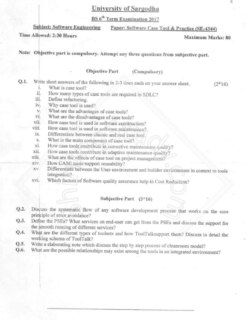 Software Case Tool & Practice BSSE 6th Term 2017 Past Paper UOS
