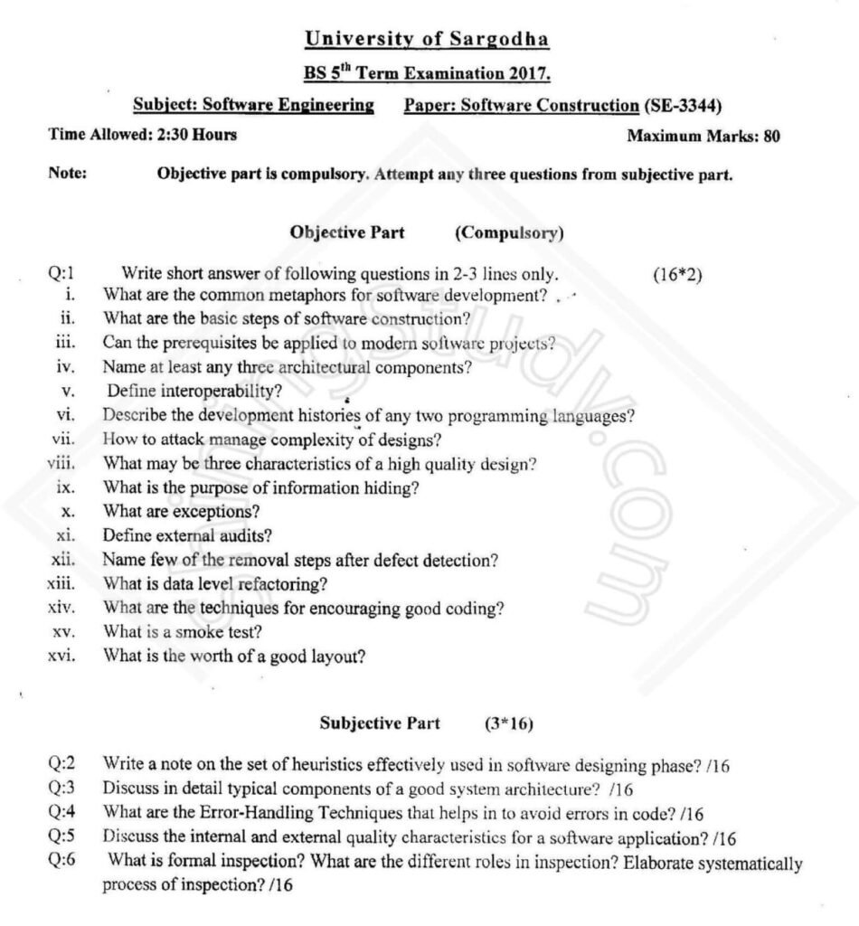 Software Construction BSSE 5th Term 2017 Past Paper UOS