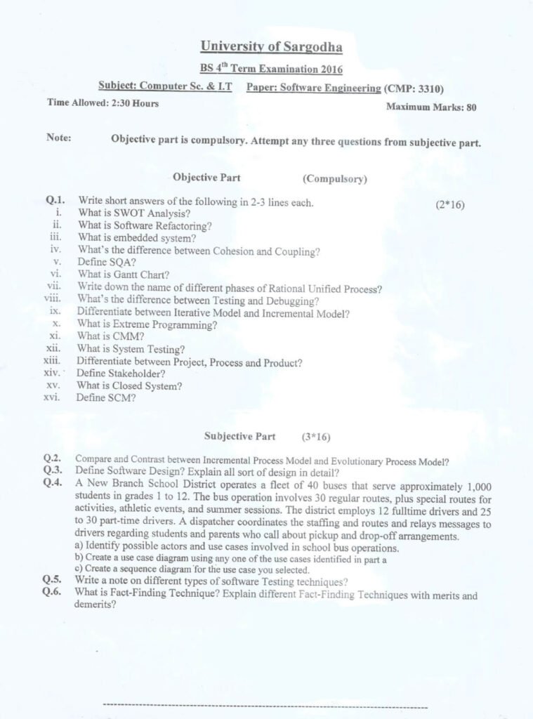 Software Engineering BSCS & IT 4th Term 2016 Past Paper UOS
