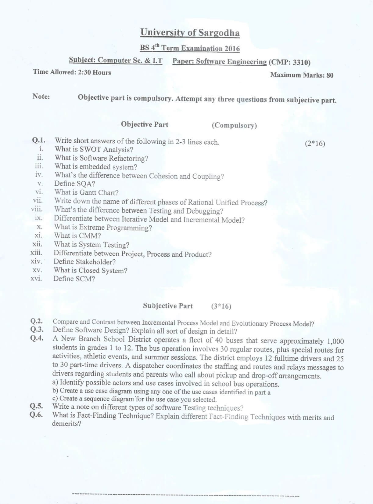 Software Engineering BSCS & IT 4th Term 2016 Past Paper UOS