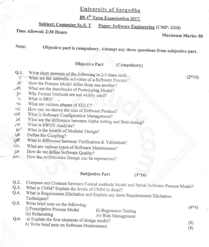 Software Engineering BSCS & IT 4th Term 2017 Past Paper UOS