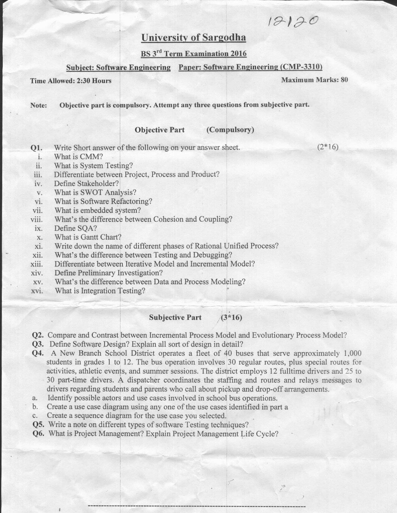 Software Engineering BSSE 3rd Term 2016 Past Paper UOS