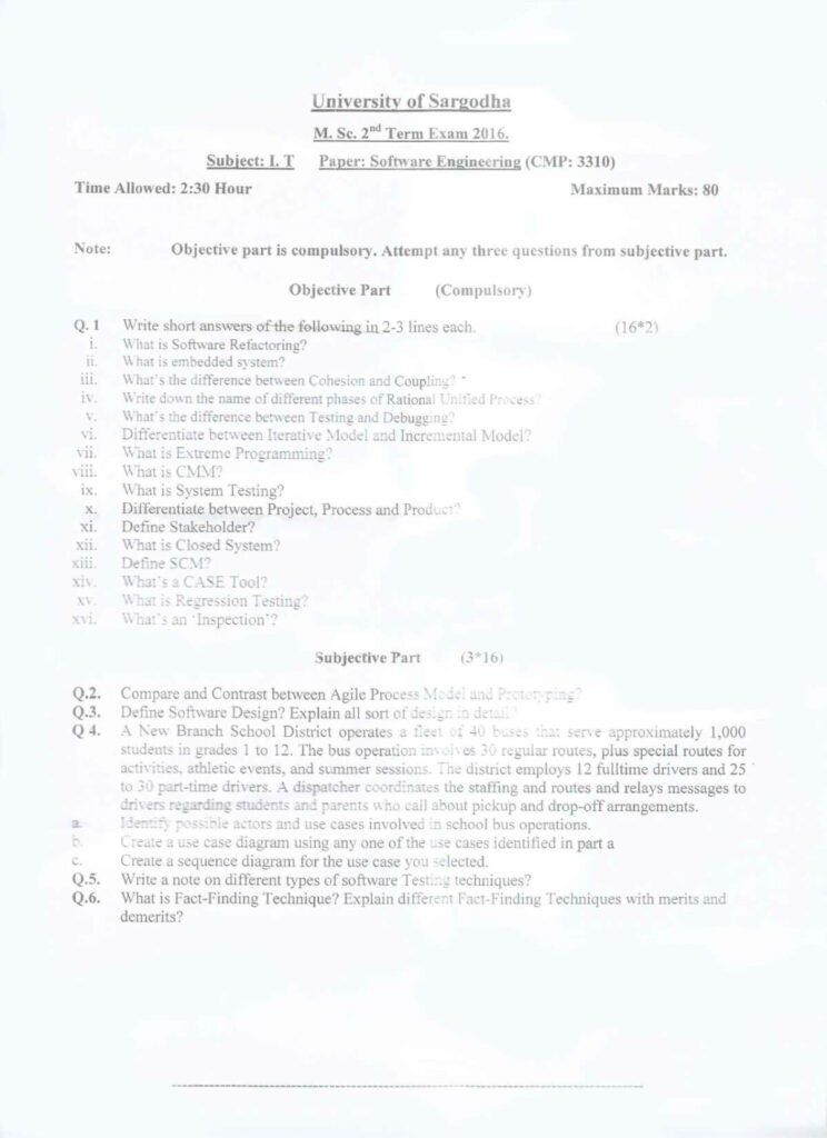 Software Engineering MSc IT 2nd Term 2016 Past Paper UOS