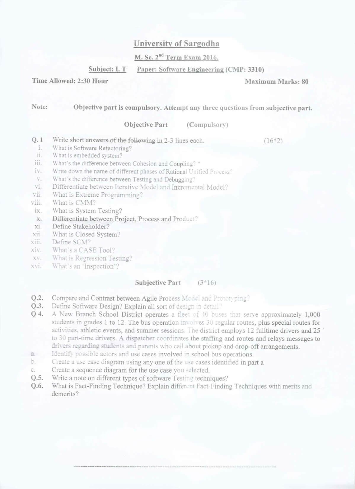 Software Engineering MSc IT 2nd Term 2016 Past Paper UOS 1 Software Engineering MSc IT 2nd Term 2016 Past Paper UOS