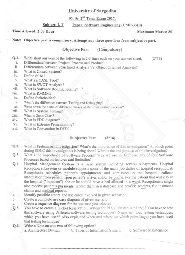 Software Engineering MSc IT 2nd Term 2017 Past Paper UOS