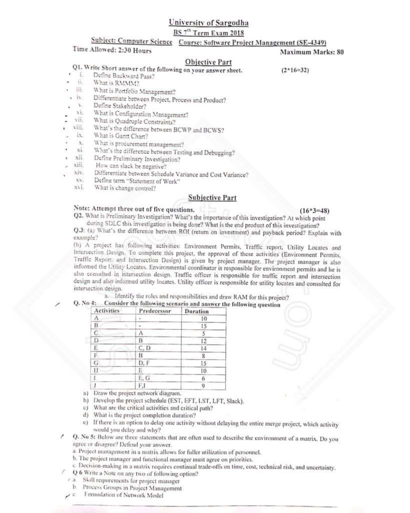 Software Project Management BSCS 7th Term Past Paper 2018 UOS