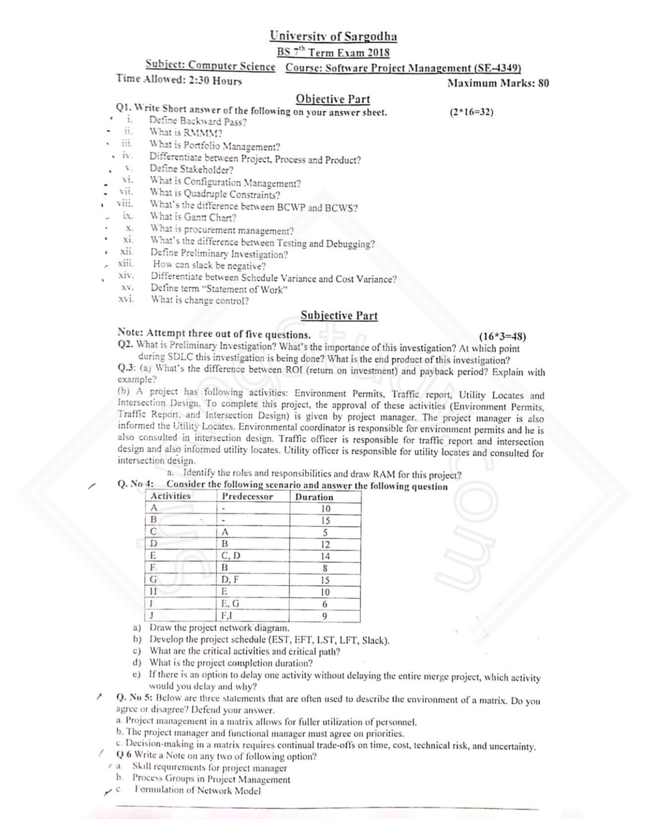 Software Project Management BSCS 7th Term Past Paper 2018 UOS