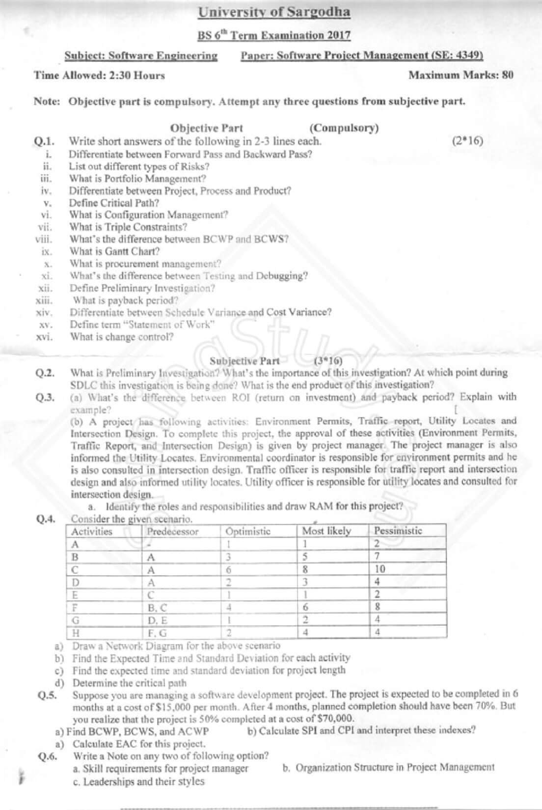 Software Project Management BSSE 6th Term Past Paper 2017 UOS 1 Software Project Management BSSE 6th Term Past Paper 2017 UOS