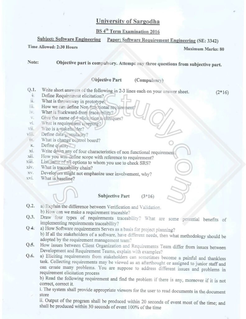 Software Requirement Engineering BSSE 4th Term 2016 Past Paper UOS