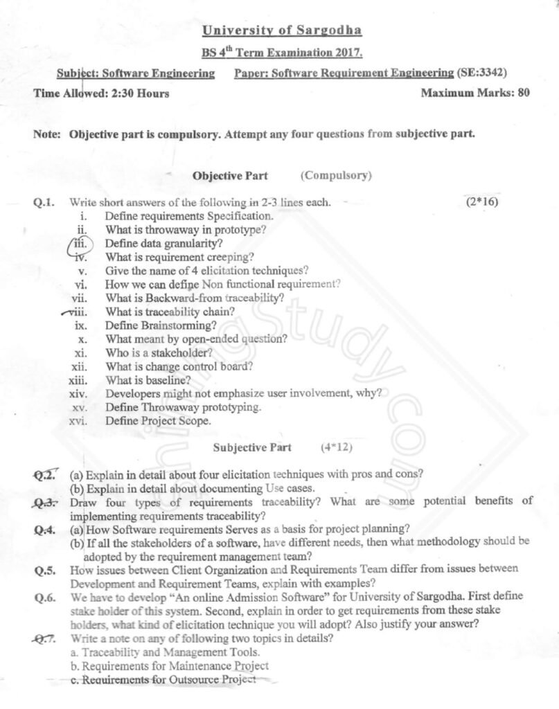 Software Requirement Engineering BSSE 4th Term 2017 Past Paper UOS