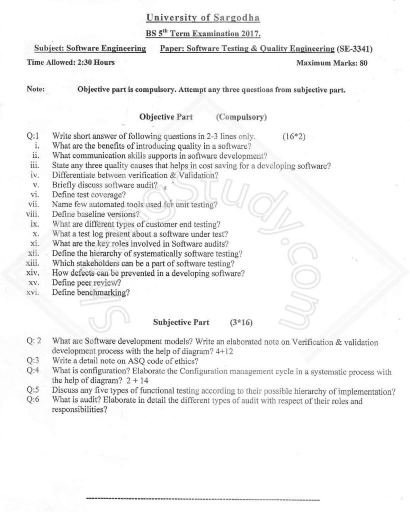 Software Testing & Quality Engineering BSSE 5th Term Past Paper 2017 UOS