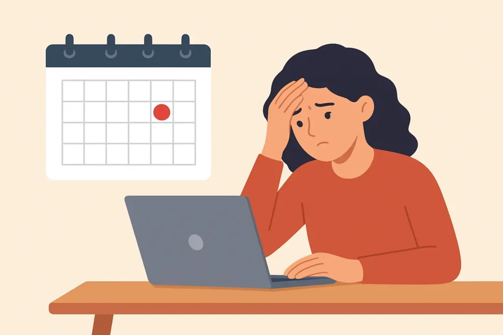 Student looking stressed while checking a scholarship deadline calendar on laptop