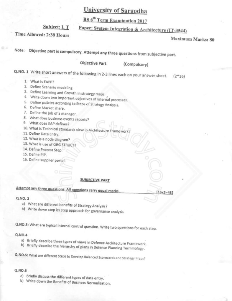 System Integration & Architecture BSIT 6th Term 2017 Past Paper UOS