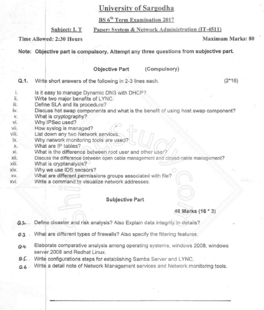 System Network & Administration BS IT 6th Term 2017 Past Paper UOS