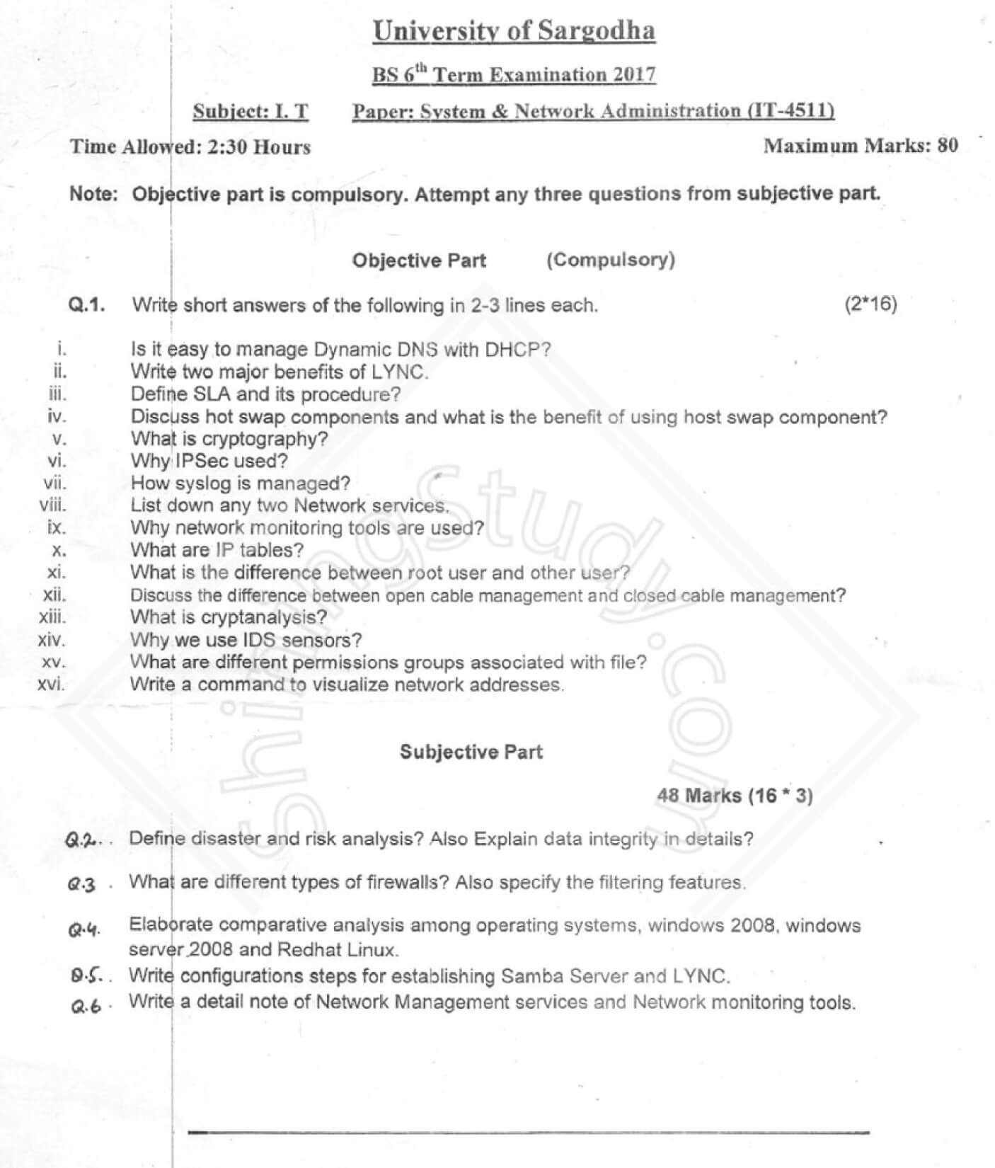 System Network & Administration BS IT 6th Term 2017 Past Paper UOS