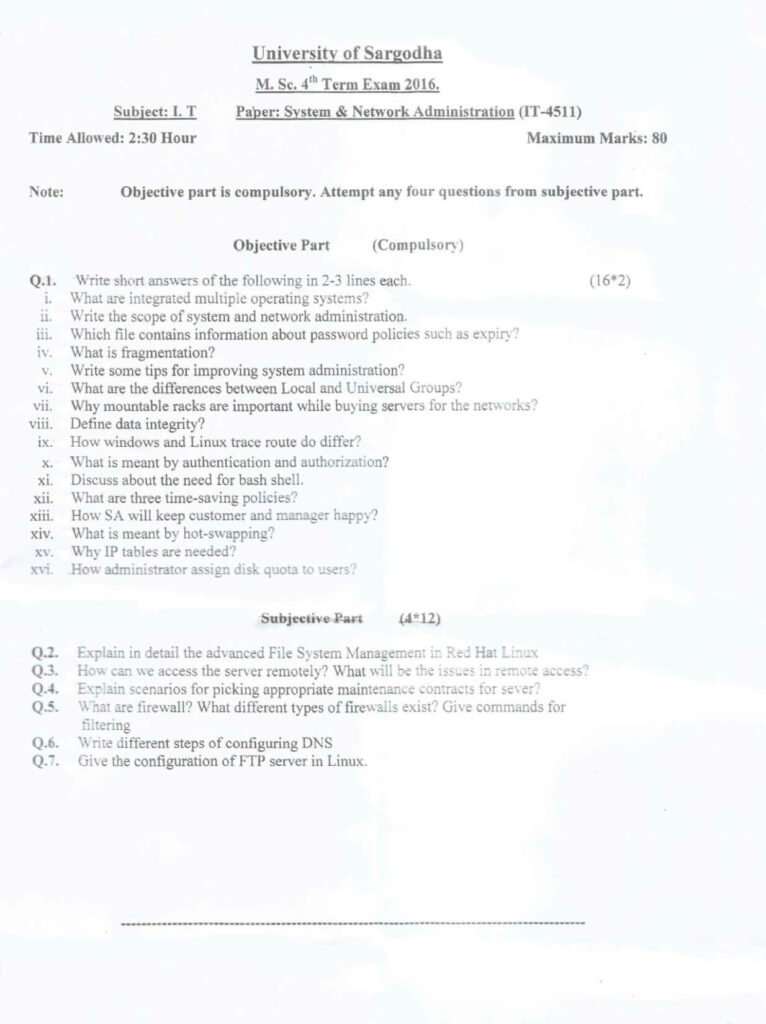 System Network & Administration MSc IT 4th Term 2016 Past Paper UOS